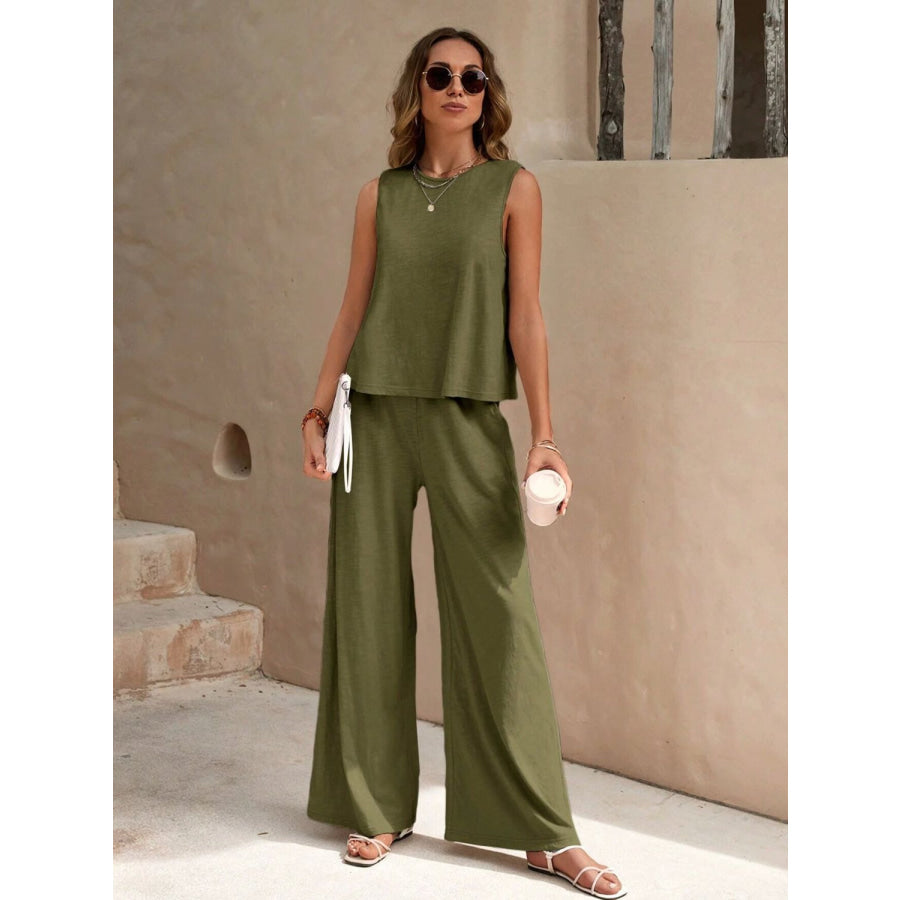 Round Neck Sleeveless Top and Wide Leg Pants Set Apparel and Accessories