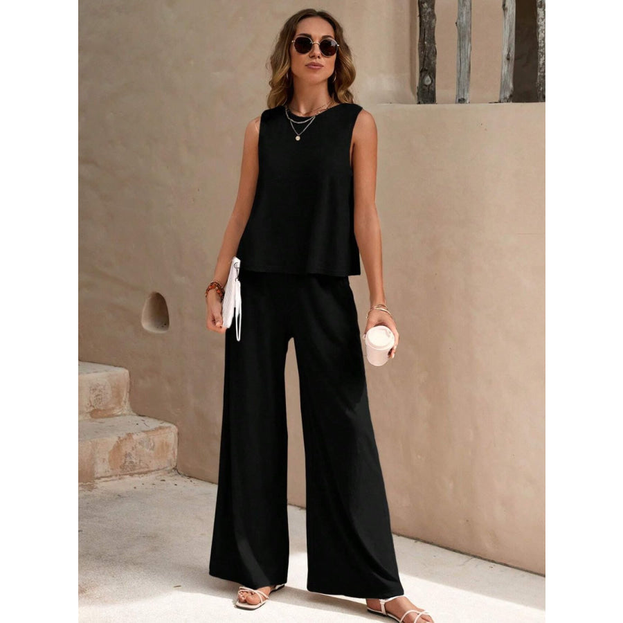 Round Neck Sleeveless Top and Wide Leg Pants Set Apparel and Accessories