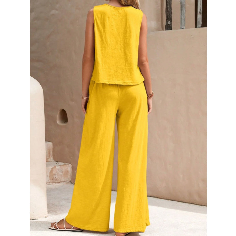 Round Neck Sleeveless Top and Wide Leg Pants Set Apparel and Accessories
