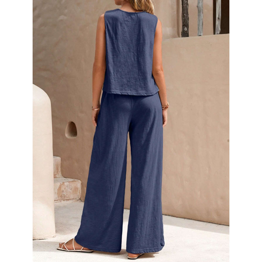 Round Neck Sleeveless Top and Wide Leg Pants Set Apparel and Accessories