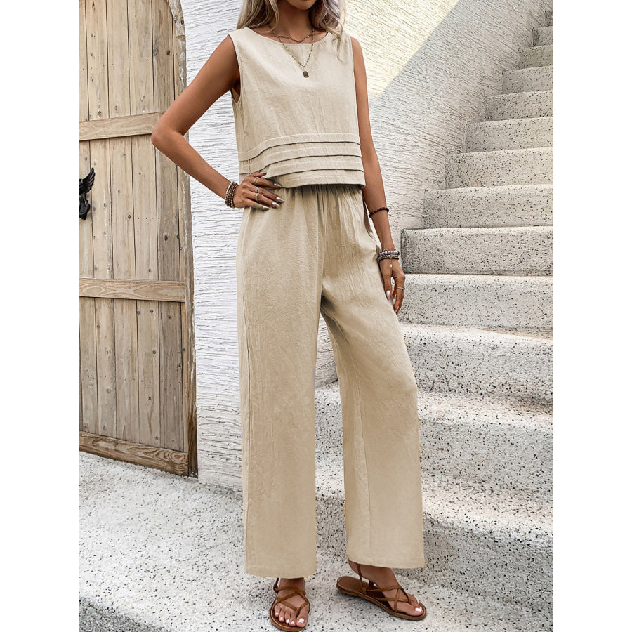 Round Neck Sleeveless Top and Wide Leg Pants Set Apparel and Accessories