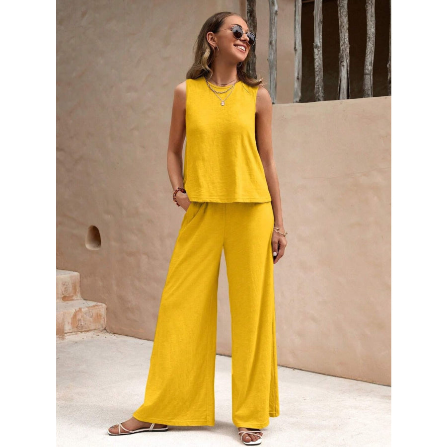Round Neck Sleeveless Top and Wide Leg Pants Set Apparel and Accessories