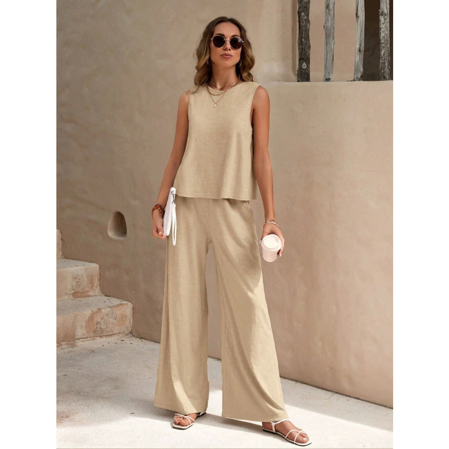 Round Neck Sleeveless Top and Wide Leg Pants Set Apparel and Accessories
