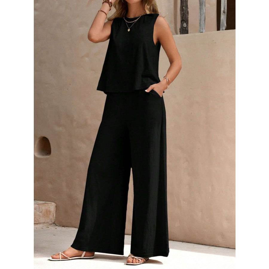 Round Neck Sleeveless Top and Wide Leg Pants Set Black / S Apparel and Accessories