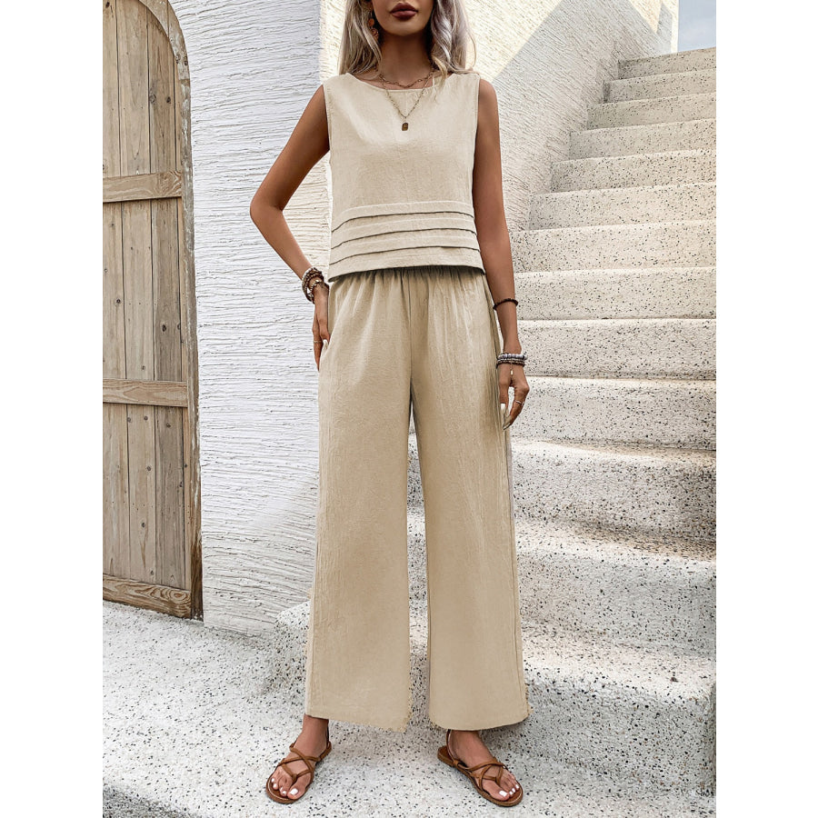 Round Neck Sleeveless Top and Wide Leg Pants Set Dust Storm / S Apparel and Accessories