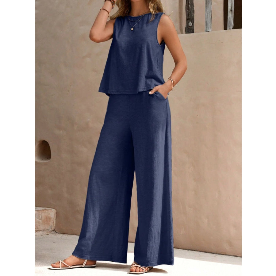 Round Neck Sleeveless Top and Wide Leg Pants Set Dusty Blue / S Apparel and Accessories