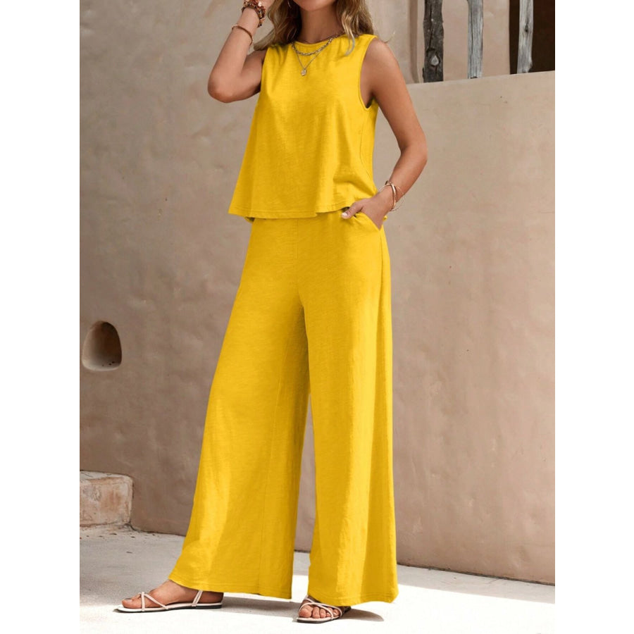 Round Neck Sleeveless Top and Wide Leg Pants Set Gold / S Apparel and Accessories