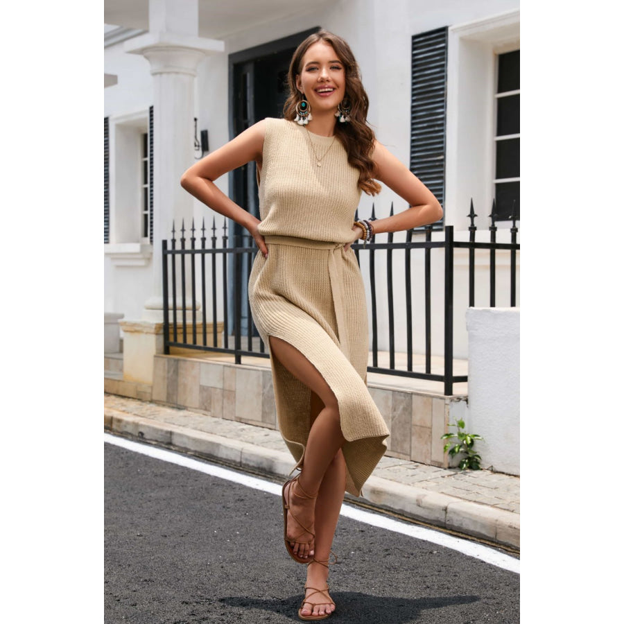 Round Neck Tie Belt Slit Sleeveless Sweater Dress