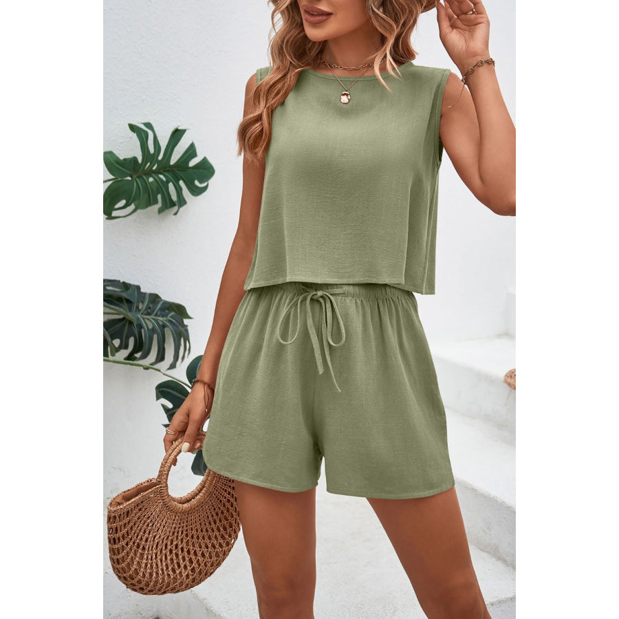 Round Neck Top and Drawstring Shorts Set Apparel and Accessories