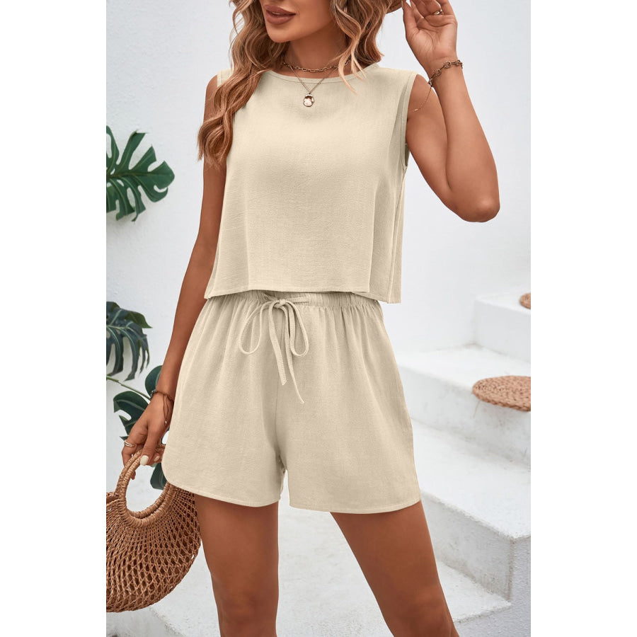Round Neck Top and Drawstring Shorts Set Beige / S Apparel and Accessories