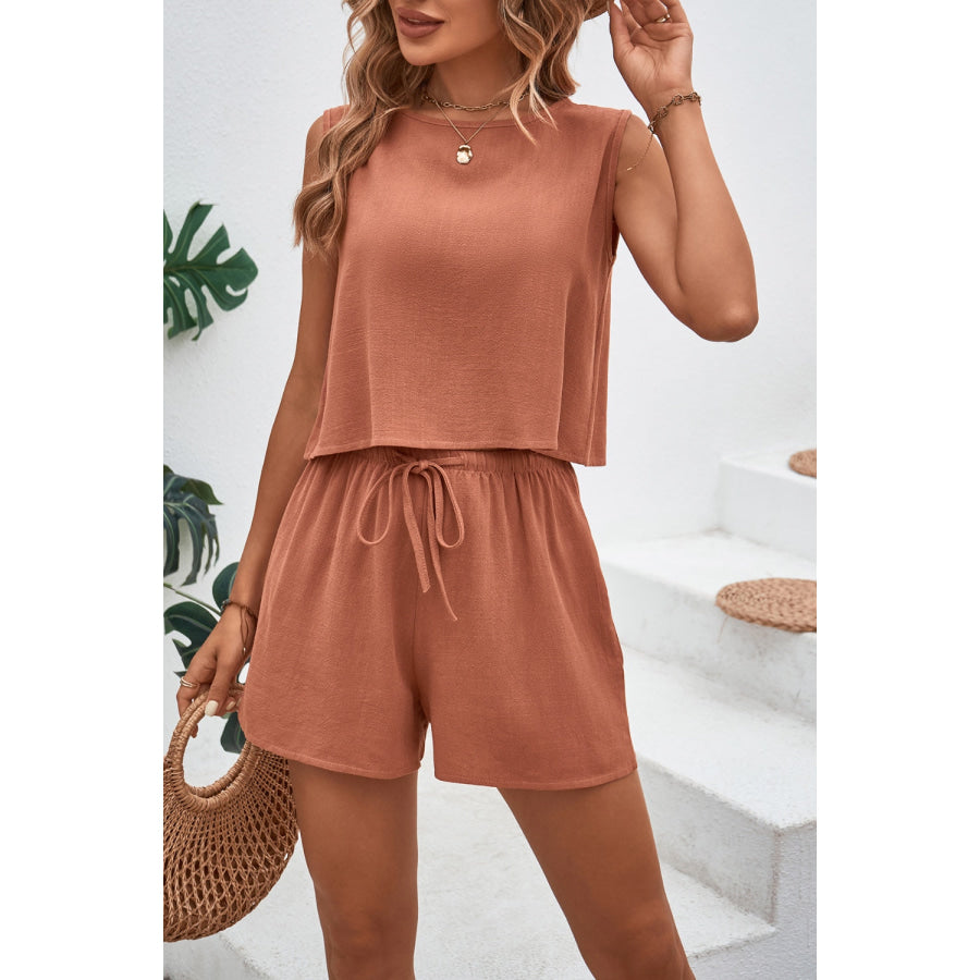 Round Neck Top and Drawstring Shorts Set Burnt Coral / S Apparel and Accessories