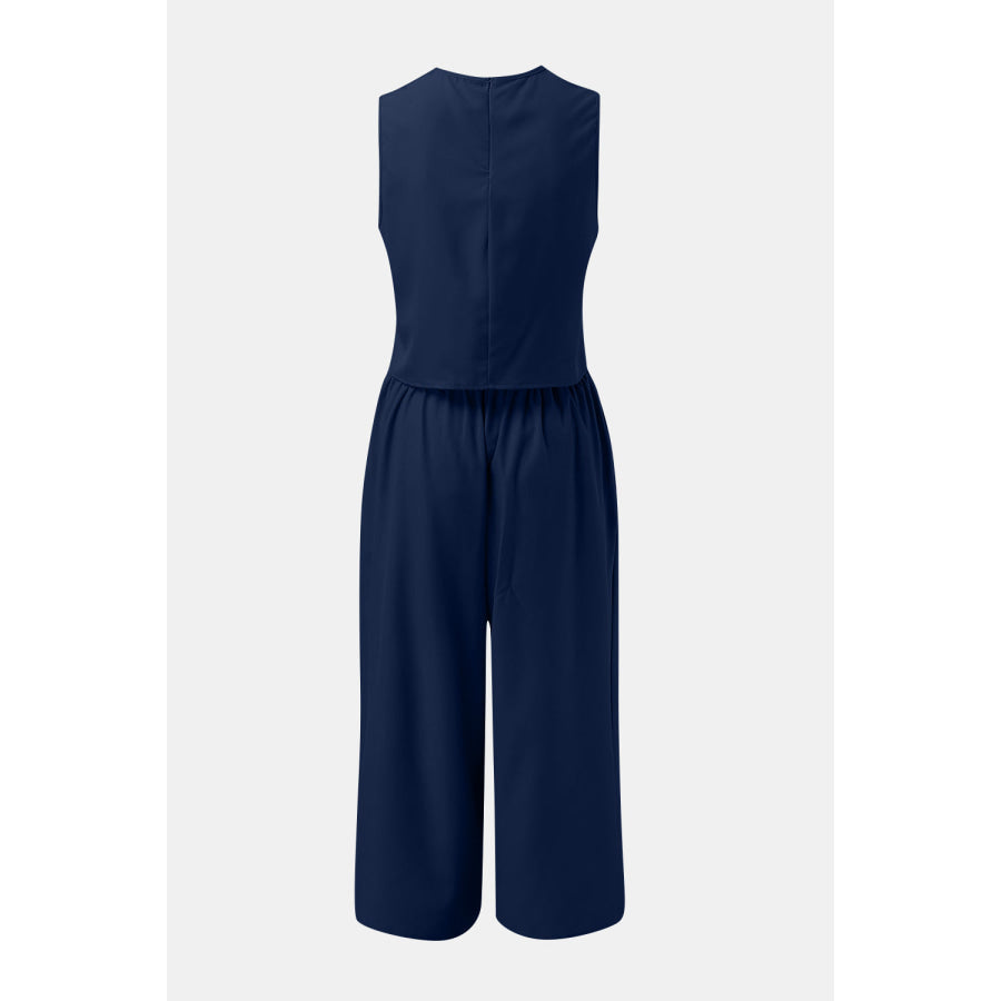 Round Neck Top and Wide Leg Pants Set Apparel and Accessories