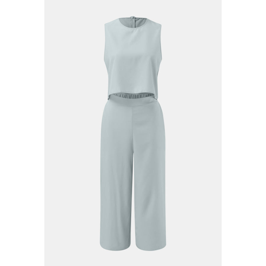 Round Neck Top and Wide Leg Pants Set Apparel and Accessories