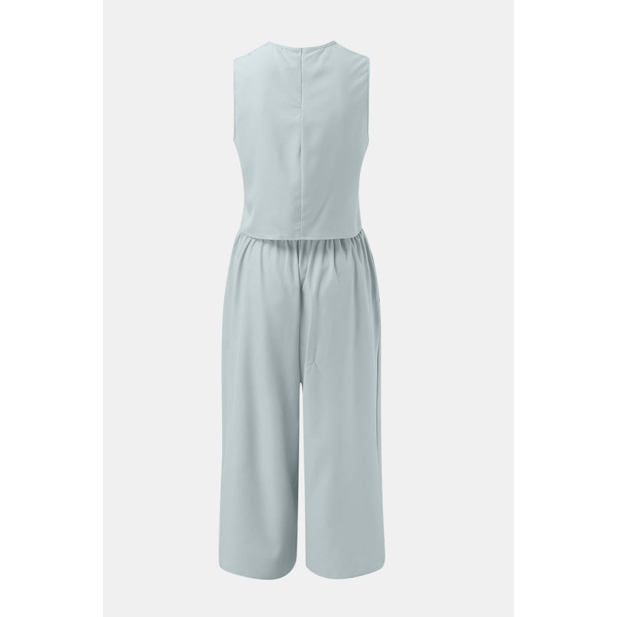 Round Neck Top and Wide Leg Pants Set Apparel and Accessories