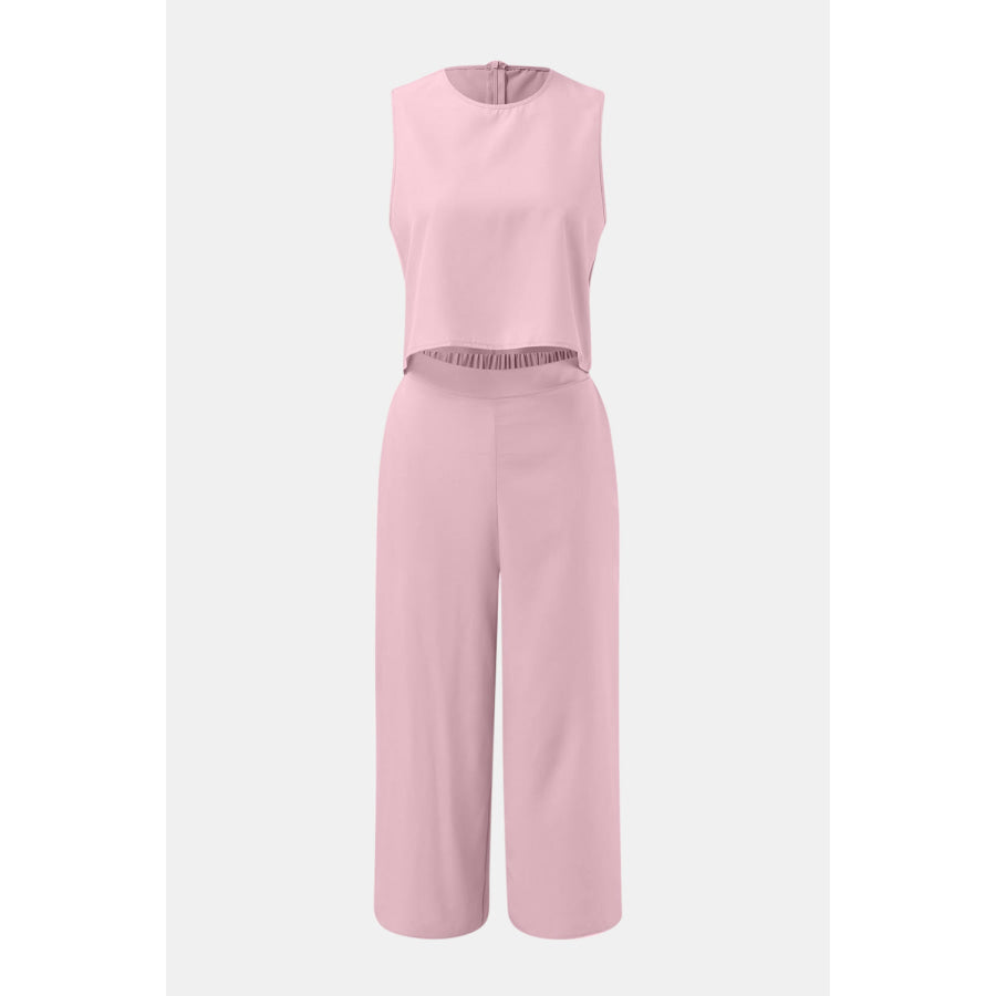 Round Neck Top and Wide Leg Pants Set Apparel and Accessories