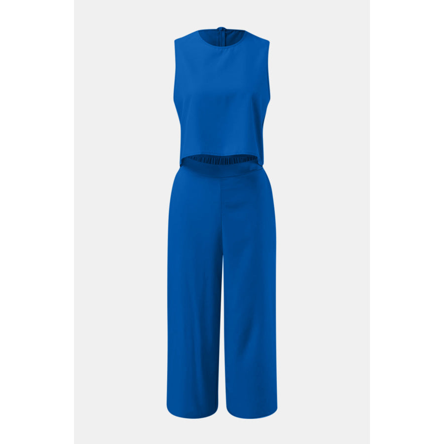 Round Neck Top and Wide Leg Pants Set Apparel and Accessories