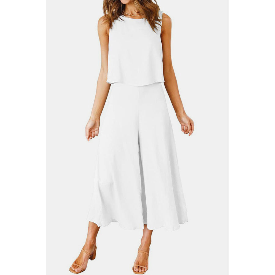 Round Neck Top and Wide Leg Pants Set Apparel and Accessories