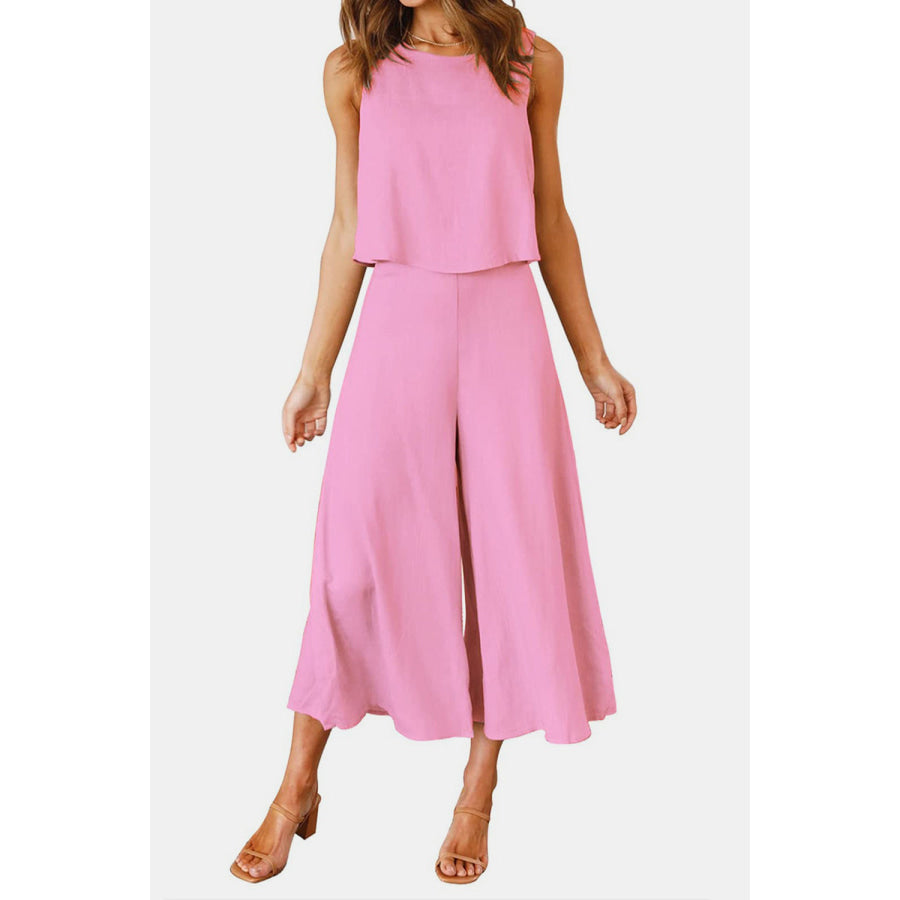 Round Neck Top and Wide Leg Pants Set Apparel and Accessories
