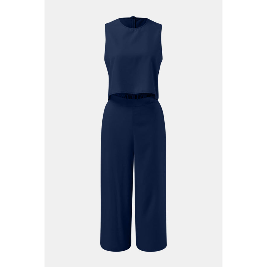 Round Neck Top and Wide Leg Pants Set Apparel and Accessories