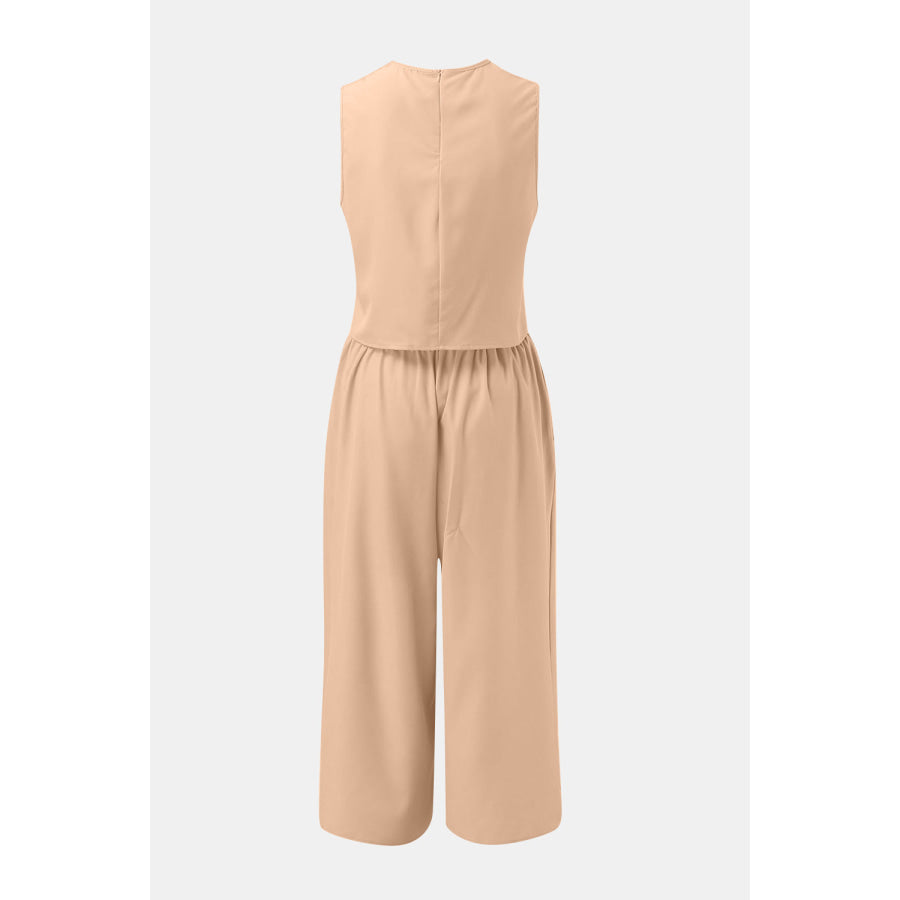 Round Neck Top and Wide Leg Pants Set Apparel and Accessories
