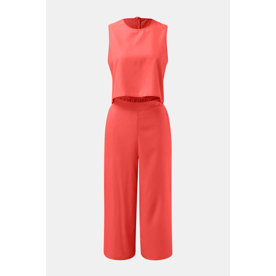 Round Neck Top and Wide Leg Pants Set Apparel and Accessories