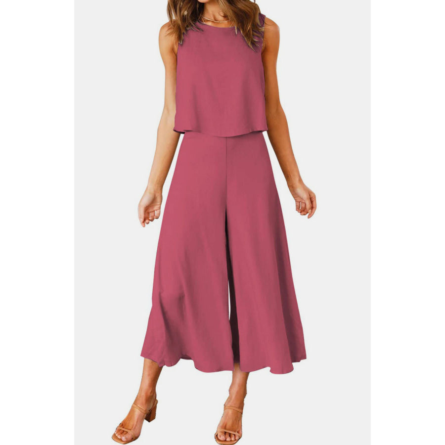 Round Neck Top and Wide Leg Pants Set Apparel and Accessories