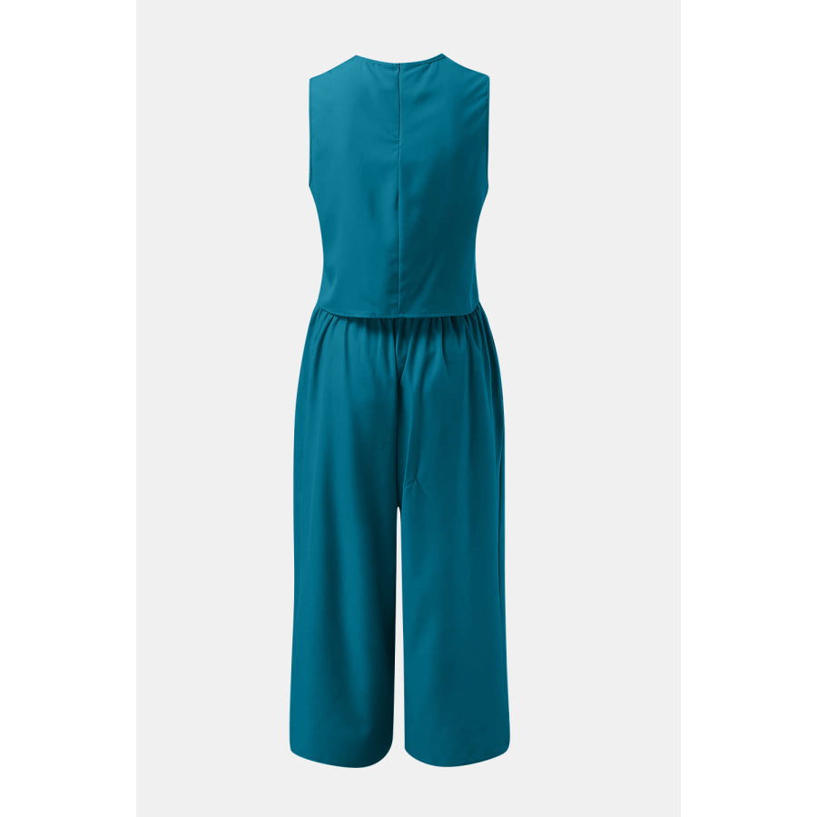 Round Neck Top and Wide Leg Pants Set Apparel and Accessories