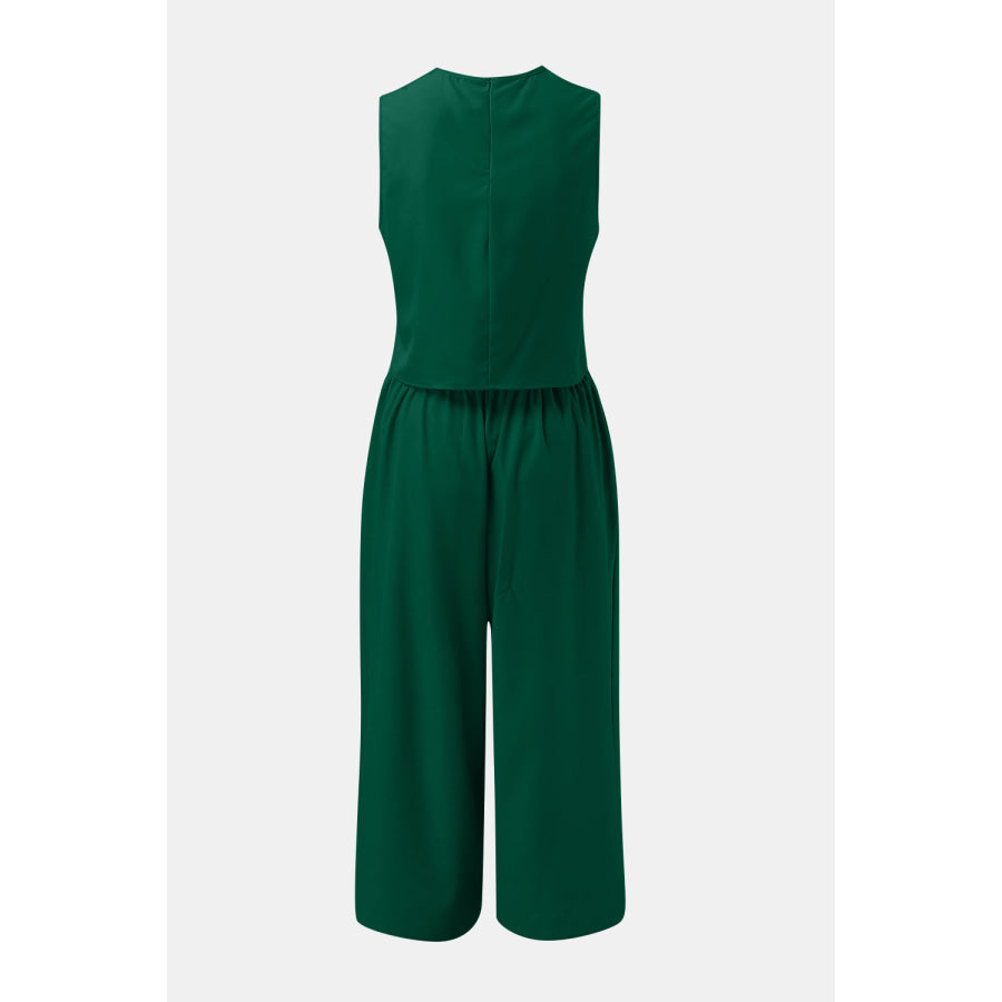 Round Neck Top and Wide Leg Pants Set Apparel and Accessories