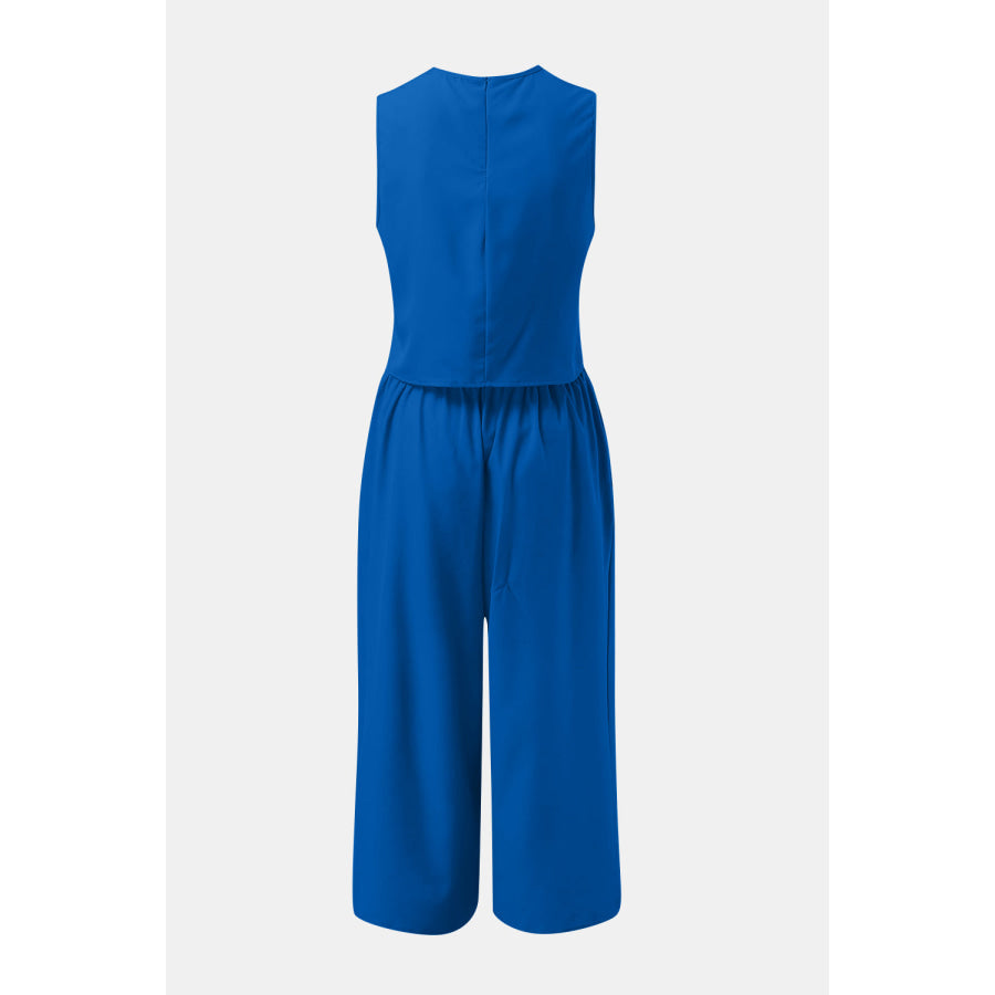 Round Neck Top and Wide Leg Pants Set Apparel and Accessories