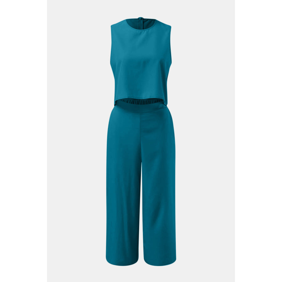 Round Neck Top and Wide Leg Pants Set Apparel and Accessories