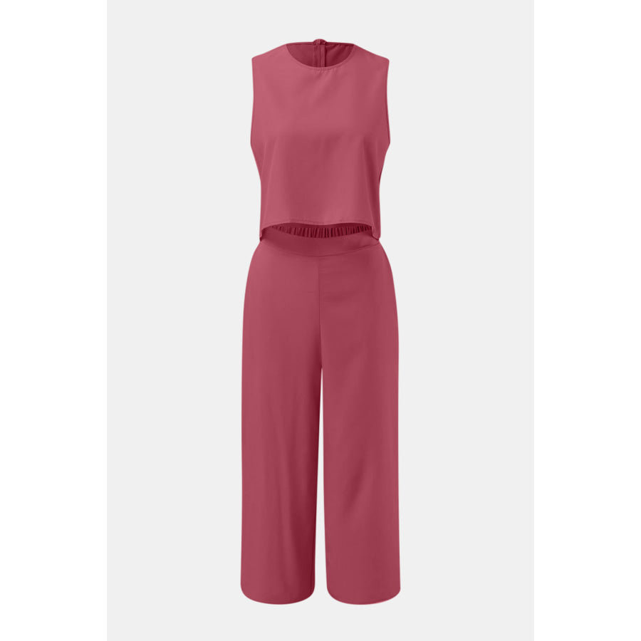 Round Neck Top and Wide Leg Pants Set Apparel and Accessories