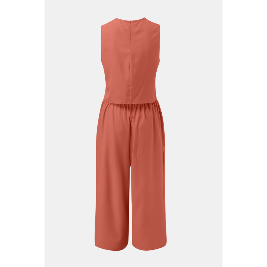 Round Neck Top and Wide Leg Pants Set Apparel and Accessories