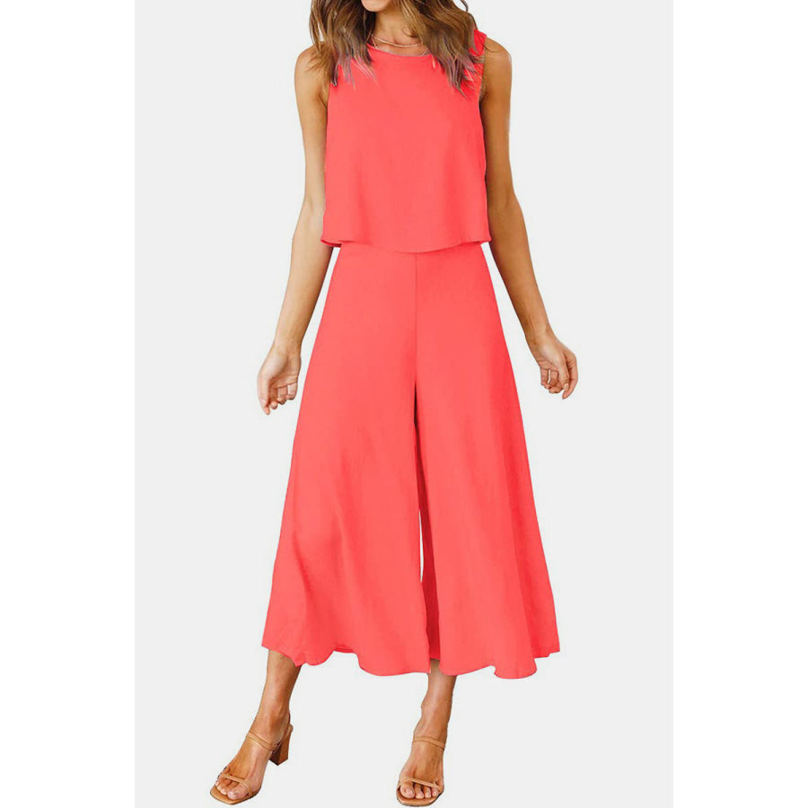 Round Neck Top and Wide Leg Pants Set Apparel and Accessories