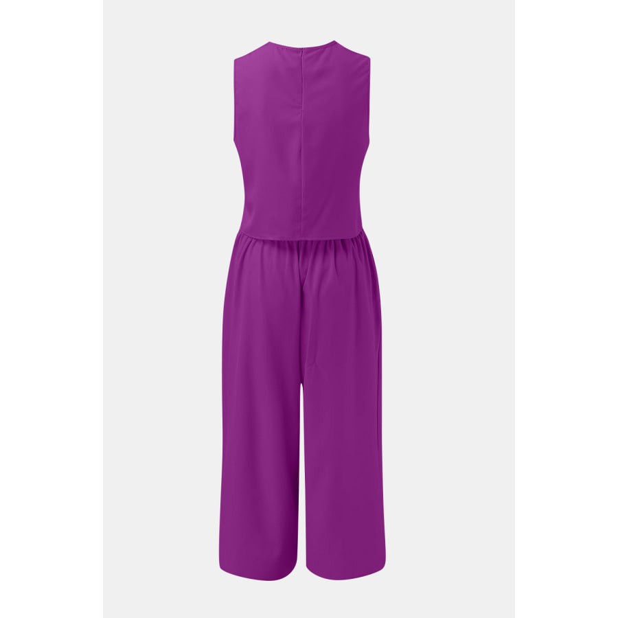 Round Neck Top and Wide Leg Pants Set Apparel and Accessories