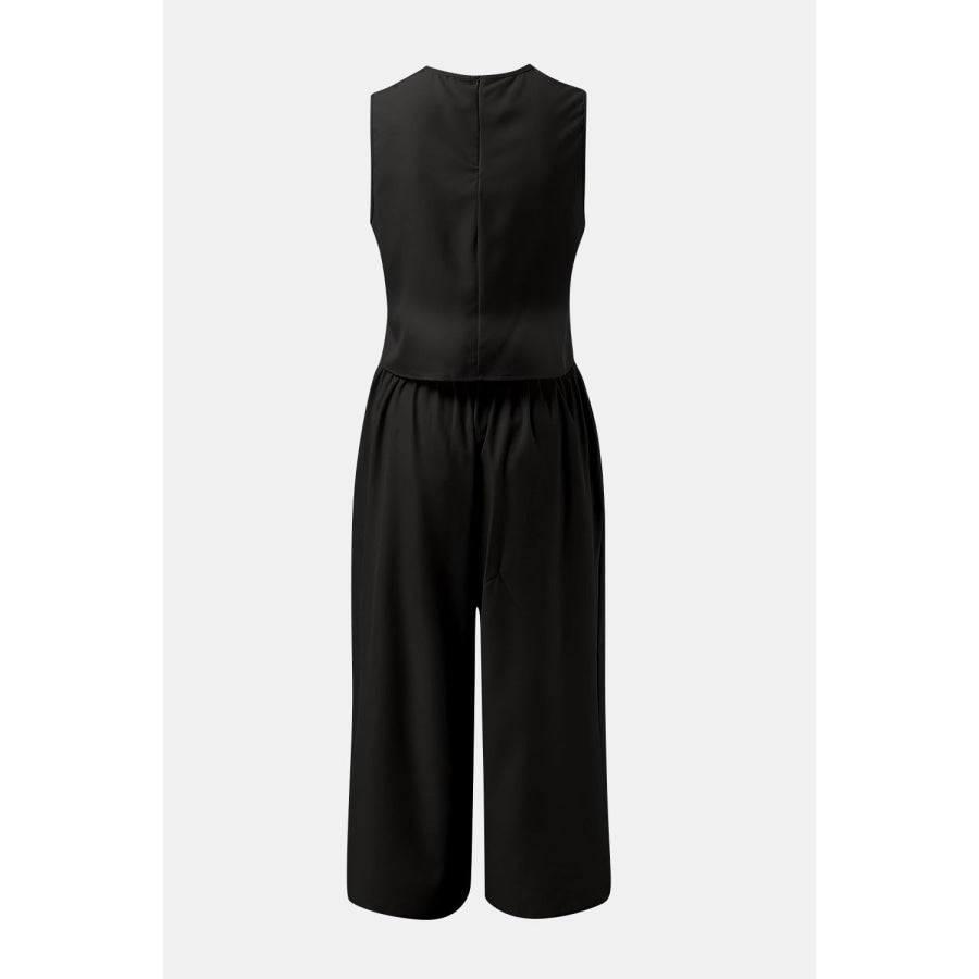Round Neck Top and Wide Leg Pants Set Black / S Apparel and Accessories