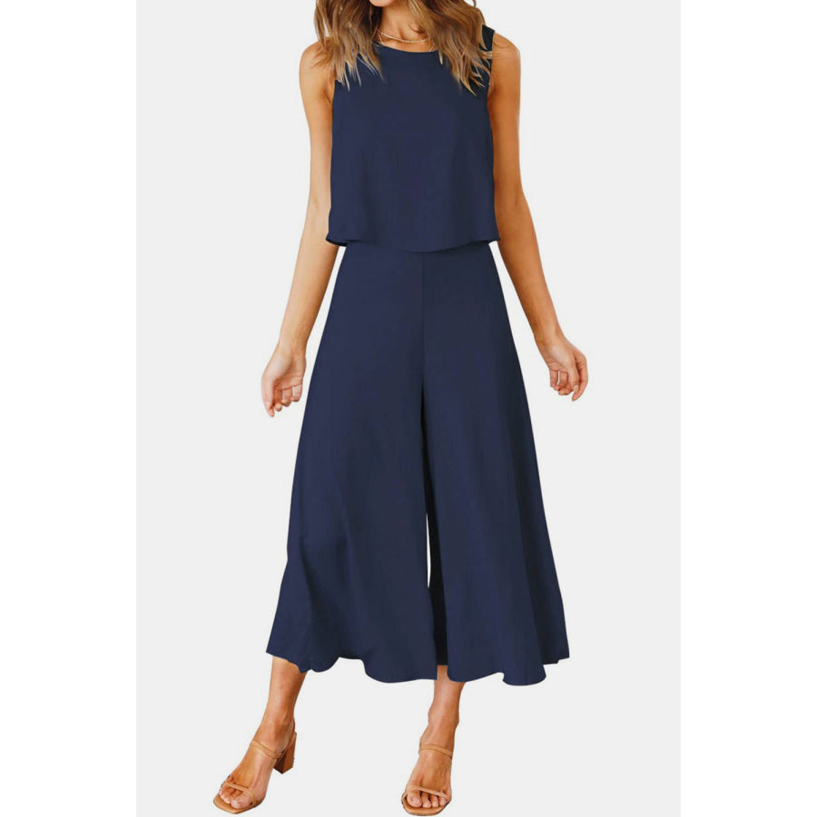 Round Neck Top and Wide Leg Pants Set Dark Navy / S Apparel and Accessories