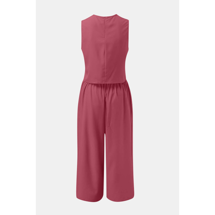 Round Neck Top and Wide Leg Pants Set Deep Rose / S Apparel and Accessories