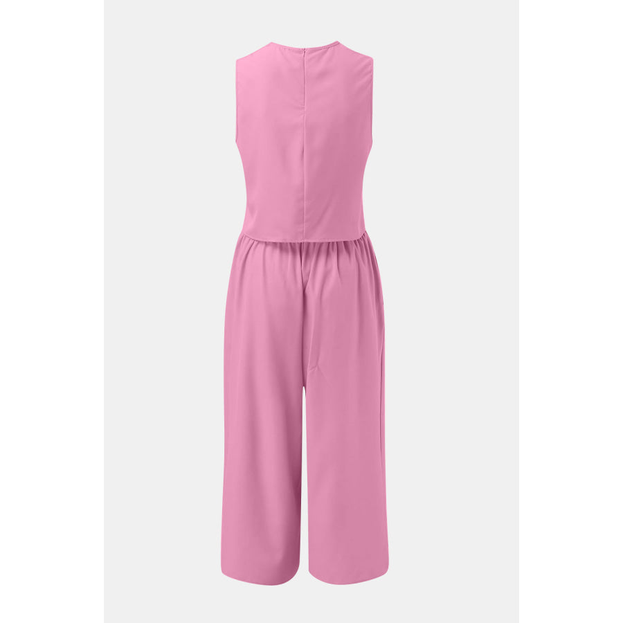 Round Neck Top and Wide Leg Pants Set Dusty Pink / S Apparel and Accessories