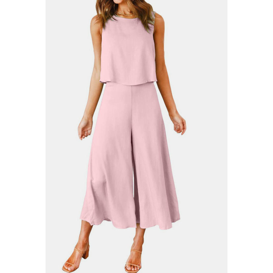 Round Neck Top and Wide Leg Pants Set Eggshell / S Apparel and Accessories
