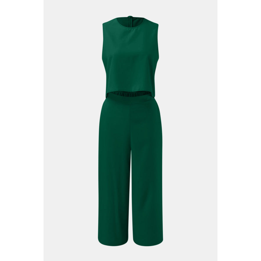 Round Neck Top and Wide Leg Pants Set Green / S Apparel and Accessories
