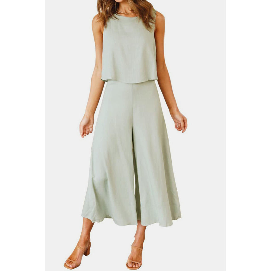 Round Neck Top and Wide Leg Pants Set Light Green / S Apparel and Accessories