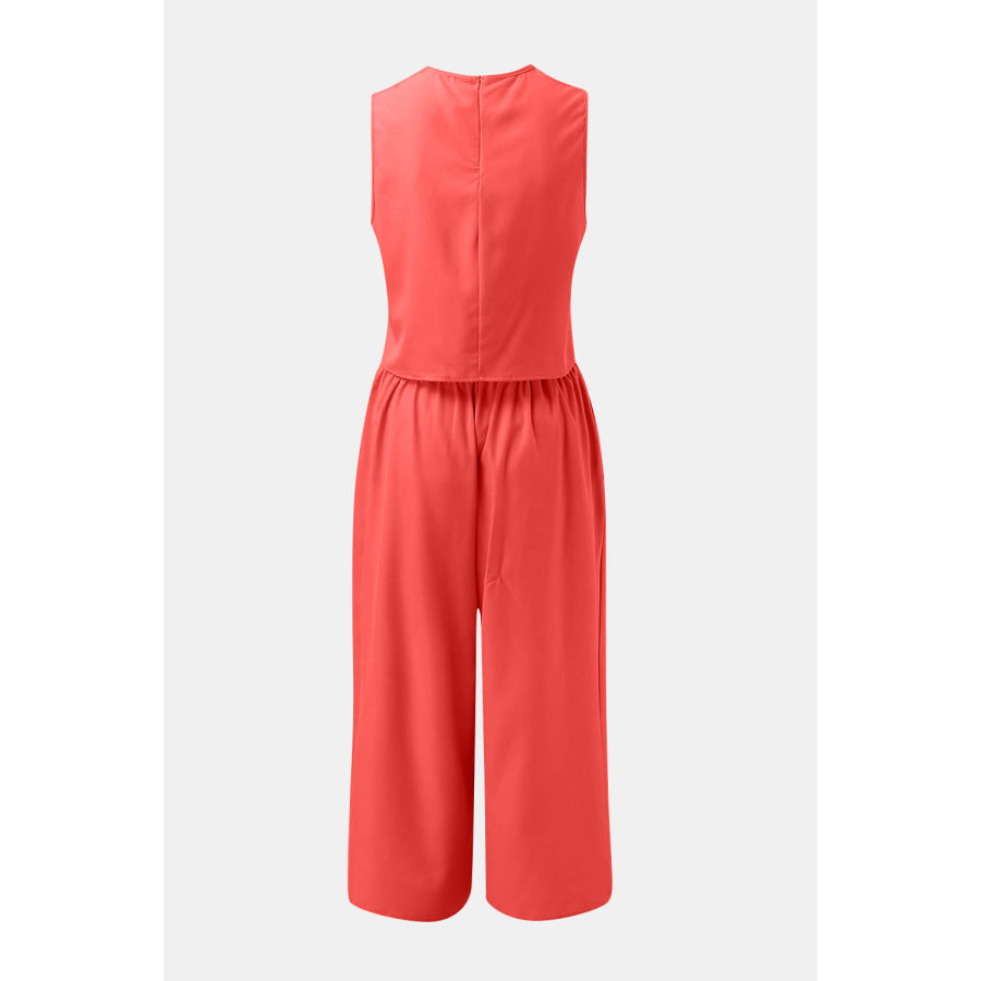 Round Neck Top and Wide Leg Pants Set Red Orange / S Apparel and Accessories