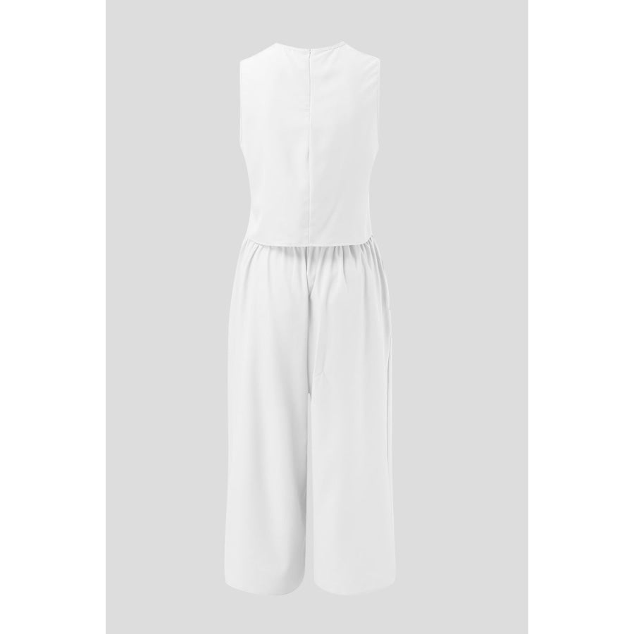 Round Neck Top and Wide Leg Pants Set White / S Apparel and Accessories