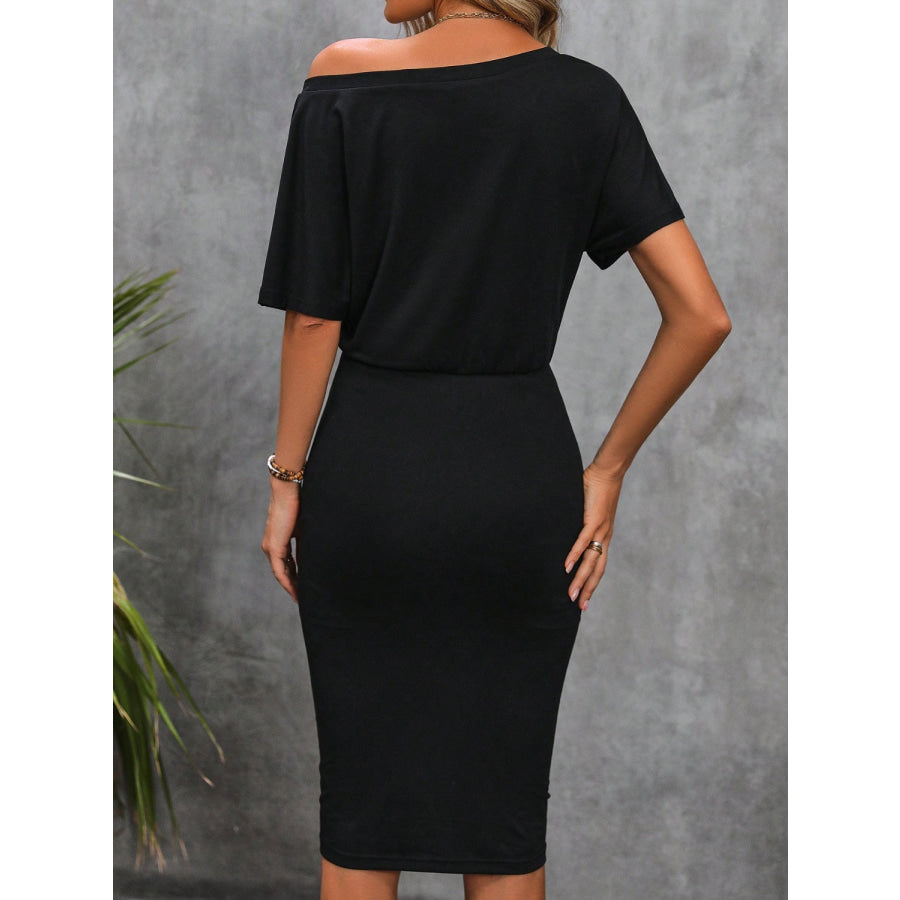 Ruched Boat Neck Short Sleeve Dress Black / S Apparel and Accessories