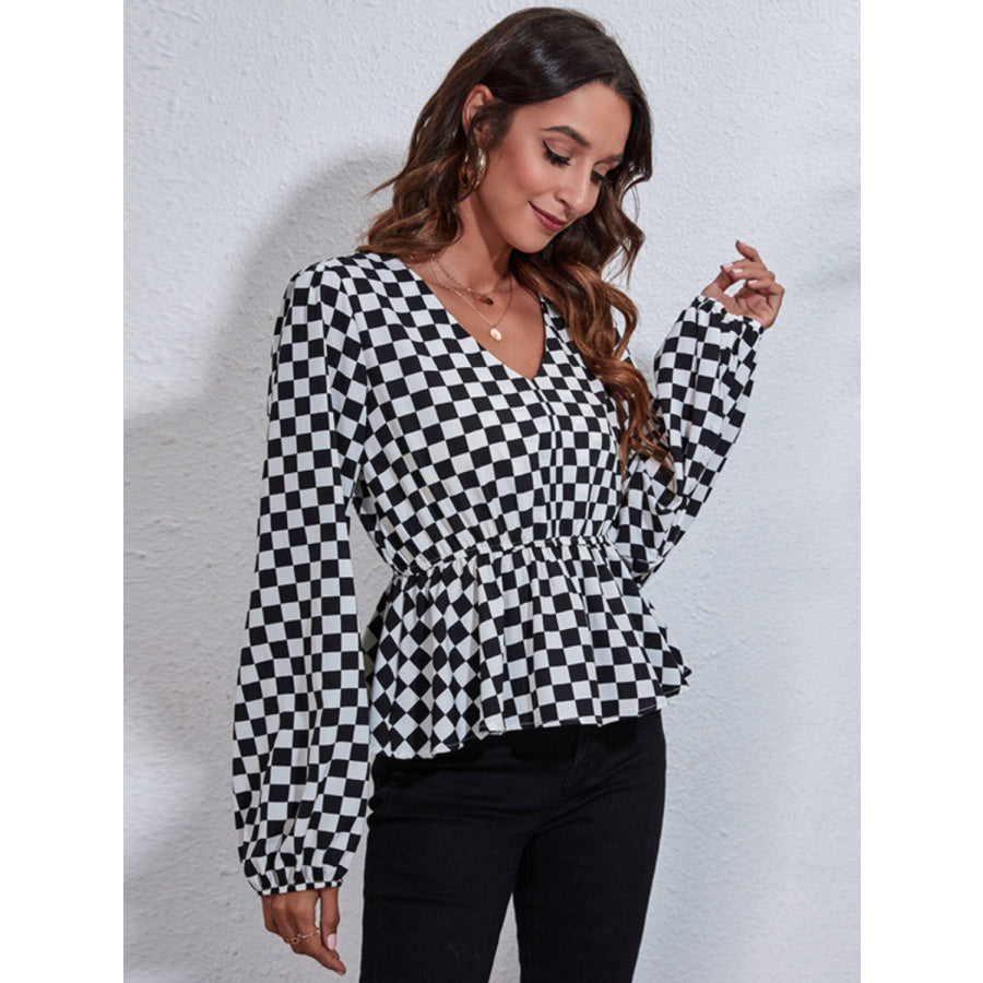 Ruched Printed V-Neck Long Sleeve Blouse Apparel and Accessories