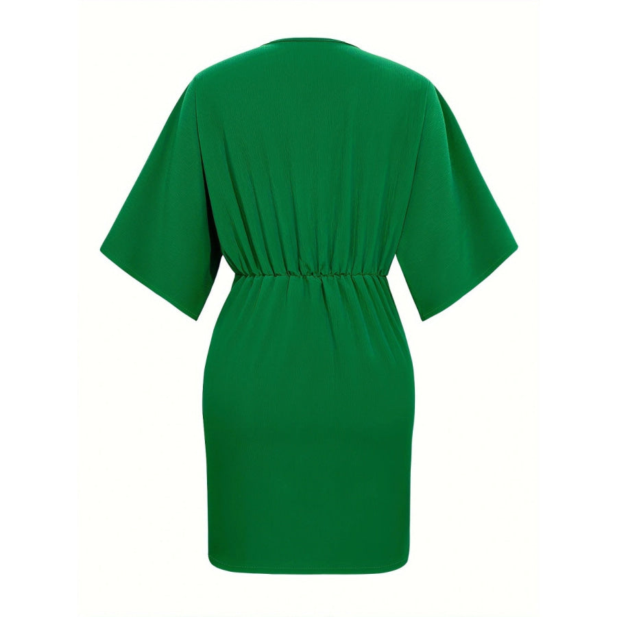 Ruched Surplice Half Sleeve Mini Dress Green / S Apparel and Accessories