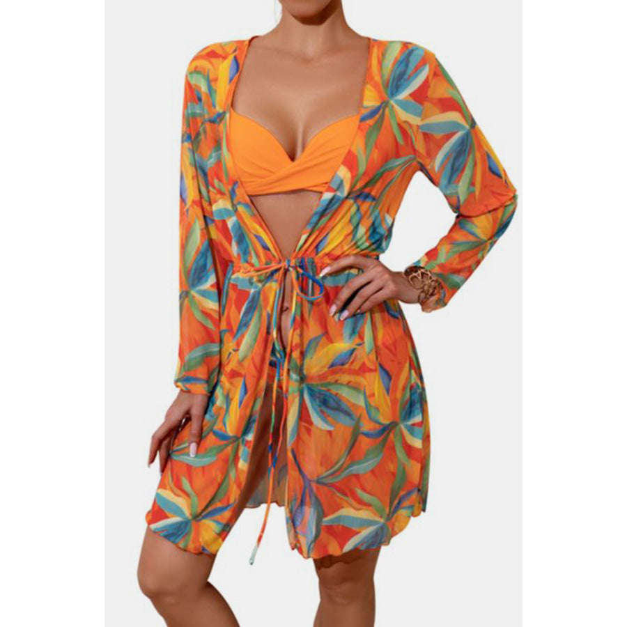 Ruched Top Brief and Tied Cover Up Swim Set Orange / S Apparel and Accessories