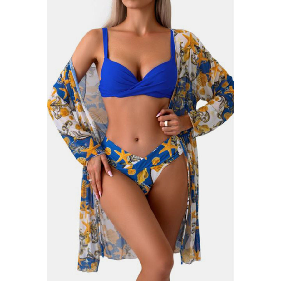 Ruched Top Brief and Tied Cover Up Swim Set Royal Blue / S Apparel and Accessories