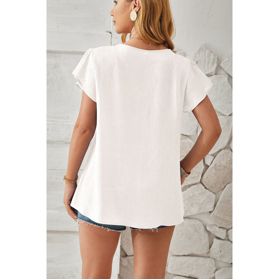 Ruched V-Neck Flounce Sleeve Blouse Apparel and Accessories