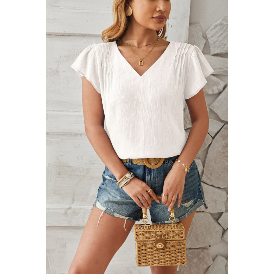 Ruched V-Neck Flounce Sleeve Blouse Apparel and Accessories